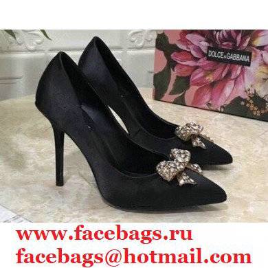 Dolce & Gabbana Heel 10.5cm Satin Pumps Black with Crystal Bow 2021
